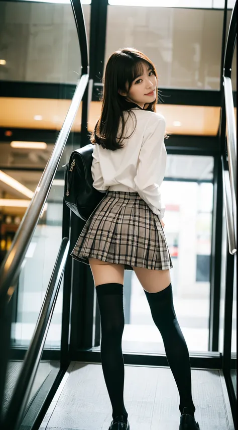  1 Japanese High School Girl,  that's cool.  dark-haired, , smile,  looks pure,  gingham check blazer uniform,  mini skirt,  photography,  is present,  top quality,  detailed face,  full body, slender,  thin legs, (( long legs)), ((( long legs))),  white k...