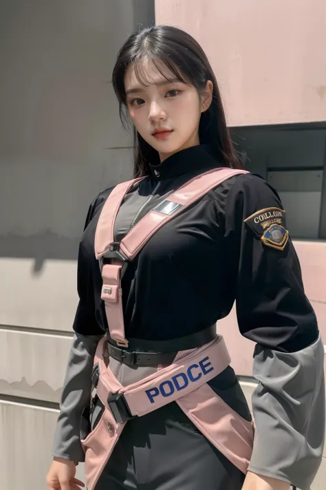 (Highest image quality, outstanding details, ultra-high resolution), (realism: 1.4), favor details, highly condensed 1 beautiful Korean girl, with a delicate and beautiful face, ((cowboy shot)), (a bit chubby:0.4), (wearing black racing suit likes police u...