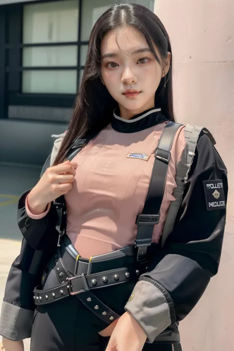 (Highest image quality, outstanding details, ultra-high resolution), (realism: 1.4), favor details, highly condensed 1 beautiful Korean girl, with a delicate and beautiful face, ((cowboy shot)), (a bit chubby:0.4), (wearing black racing suit likes police u...