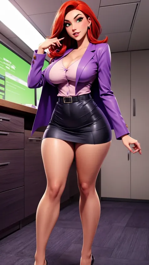 An attractive sexy hex girl with a big breast wears red hair, a tousled cut, her green eye, wears a purple button-down office coat and a long purple skirt with a black heel. 