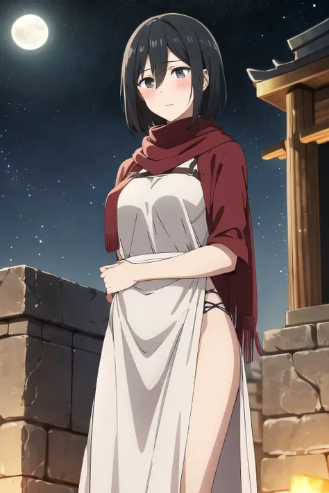 masterpiece, best quality, highres, hmmikasa, short hair, black eyes, scarf, red scarf, large breast, eyelashes, 1girl, breasts, sidelocks,bangs , solo, in a nearly open-front, plunging gown with shimmering silver fabric, standing at the center of an ancie...