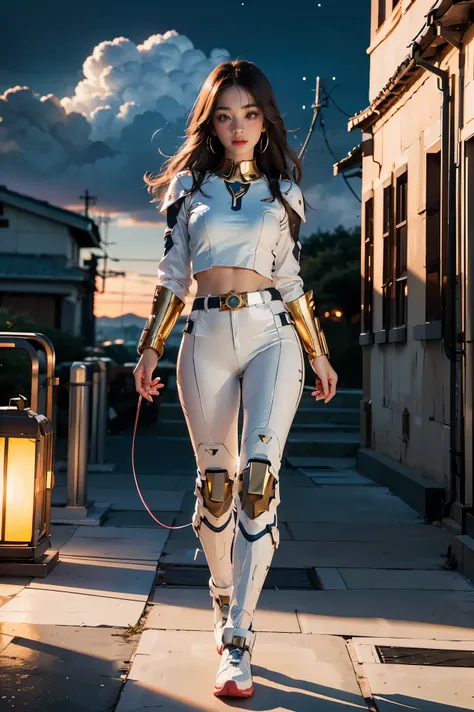 ((masterpiece, best quality, extremely detailed), volumetric lighting, ambient occlusion, colorful, glowing), 1girl, solo, young girl, (dark hair), long hair, halo, aura, sacred, goddess, cleric suit, (white outfit with gold detailst:1.3), armor, outdoors,...