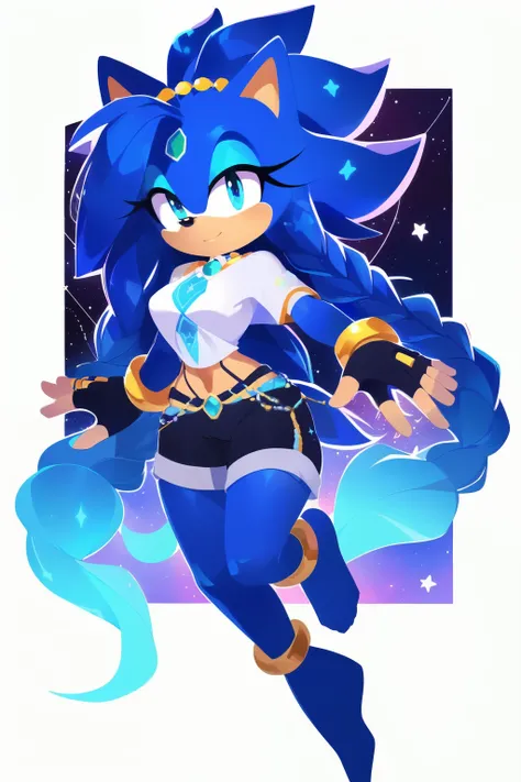 Sonic oc, Mobian, female, sonic the hedgehog but female, Cosmic hedgehog, A beautiful light blue hedgehog, purplish blue eyes, very long hair/quills, braided and beaded long hair bangs, long streaks of hair on each side of her face, (star constellation on ...