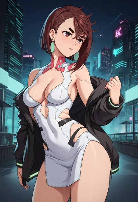 momo ayase, short hair, brown hair, brown eyes, bangs, thick eyebrows, medium breasts, in a bold, ultra-low-cut cyberpunk-style dress with sleek metallic panels, standing atop a neon-lit skyscraper. The vibrant city glow reflects off her high-slit attire, ...