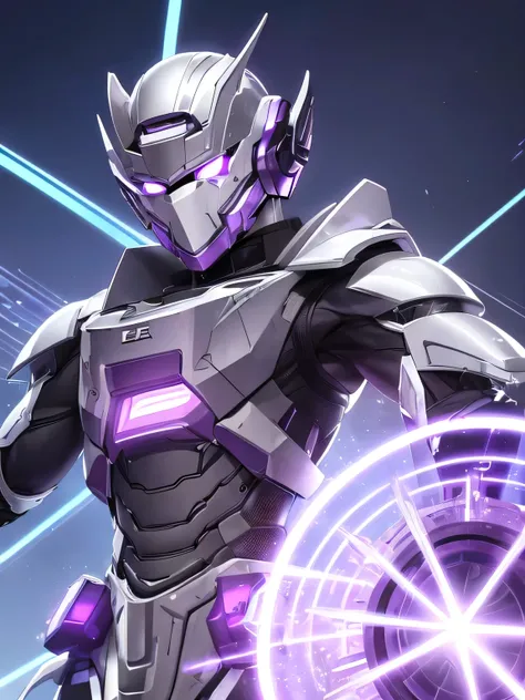 Male, sci-fi, white smoke, Purple White Silver cool cyborg, armor weapon, sci-fi looking armor, range weapon, Purple White Silver armor's color, full armor, Technology sword, only armor, Purple White Silver color, male armor, hero armor, High tech armor, t...