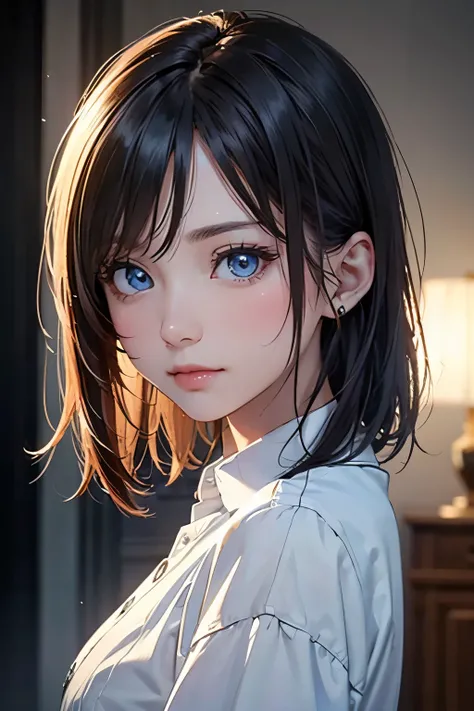 (8k), (  top quality ), ( Masterpiece:1.3), (  is present), ( photo is present),  super beautiful girl ,   from side、 sideways、 cute,(  beautiful eyes down to the smallest detail  ,   A beautifully detailed nose with a blue glow )、 ((  white shirt)),   sho...