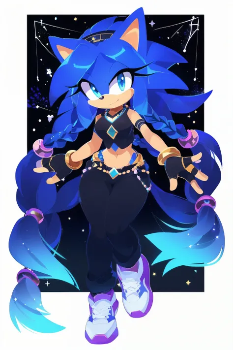 Sonic oc, Mobian, female, sonic the hedgehog but female, Cosmic hedgehog, A beautiful light blue hedgehog, purplish blue eyes, very long hair/quills, braided and beaded long hair bangs, long streaks of hair on each side of her face, (star constellation on ...
