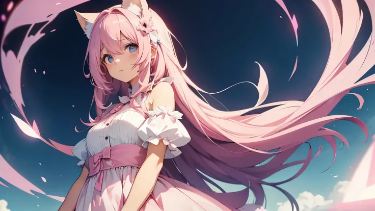 Anime girl character with flowing soft pink hair, with cat ears and wearing a dress, with a background