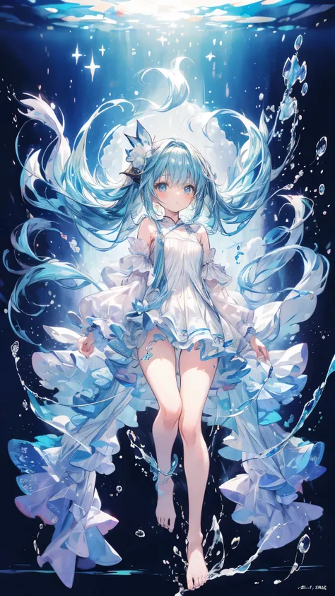 ((Blue hair long twin hair 1 girl:1.4))，(( blue eyes))、Full body solo shooting、((seabed、 splashes :1.4))、Floats in water、Lots of small fish、(( white dress、 barefoot))、Floating、A lot of bubbles、bubble、jellyfish、Jellyfish、Coral Reef、Starfish、Various fish 、Bl...