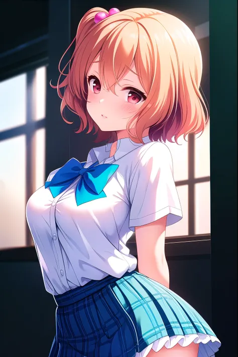 (Masterpiece, top quality), Highly Detailed Background, perfect lighting top quality, ( upper body angle:1.3), (Arms behind your back:1.4), Tomura Michiru, Alone, indoor, school classroom, orange hair, One side up, hair bobble, hair between eyes, s...