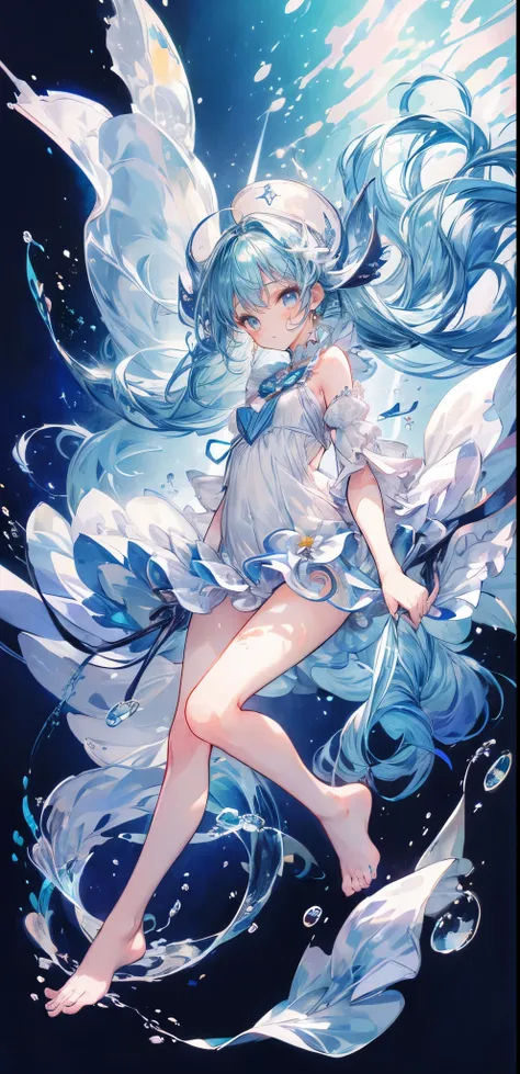 ((Blue hair long twin hair 1 girl:1.4))，(( blue eyes))、Full body solo shooting、((seabed:1.4))、Floats in water、( splashes :1.3)、Lots of small fish、(( white dress、 barefoot))、Floating、A lot of bubbles、bubble、jellyfish、Jellyfish、Coral Reef、Starfish、Various fi...