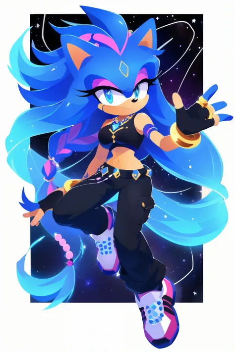Sonic oc, Mobian, female, sonic the hedgehog but female, Cosmic hedgehog, A beautiful light blue hedgehog, purplish blue eyes, very long hair/quills, braided and beaded long hair bangs, long streaks of hair on each side of her face, (star constellation on ...