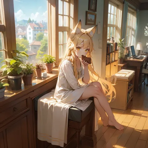   one girl ,   Detailed Details  , big fox ears yellow eyes  、Blonde,  braided hair,   white underwear, skin,   white bed,   facing forward,  sitting cross-legged,   is eating chocolate,  In front of a big window , Hardwood Floors, bookshelf, Houseplants, ...