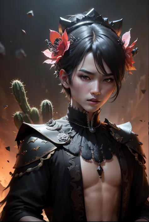 
(8k,      photorealistic RAW photograph Maximum quality     ; 1,4) (1 Korean)    King of the underworld super bonito    (   realistic face   ) (  hair with black cactus flowers     , short hair in the wind)    slender body Big eyes     , muscular and sexi...