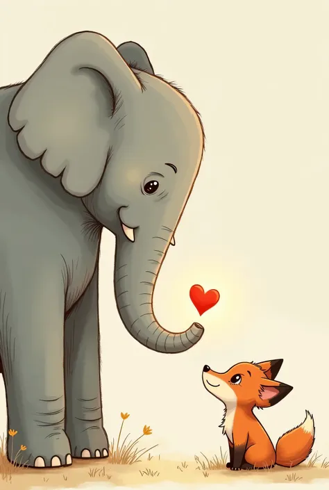 Elephant giving heart to fox, similar sized animals, fox is a girl, more like hand drawn, not too complicated