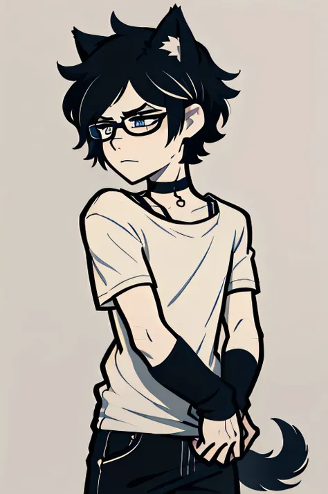 A age boy alone, emo boy, short white hair, wears a t-shirt, blue eyes, with glasses, top quality, cute, with black choker, with cat ears, and fox tail, with white background, male, (masterpiece:1.2), (best quality:1.2), (very aesthetic:1.2), (absurdres:1....