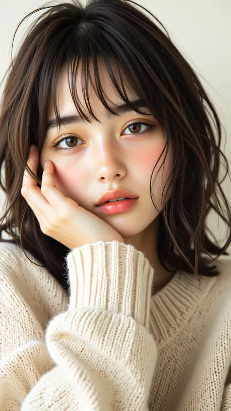 8k, masterpiece, highest quality, Korea's Beautiful Women, Close-up,  eye-level,  shoulder-length, dark brown hair, loose waves, bangs, light-toned skin, freckles, minimal makeup, peachy tones, beige sweater, oversized, long sleeves, calm expression, hand ...