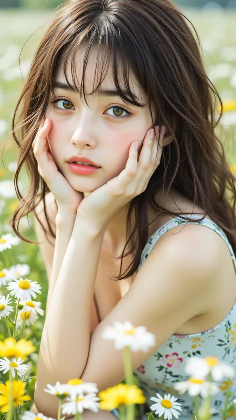 8k, masterpiece, highest quality, Korea's Beautiful Women, Brown hair.  Fair skin.  Slightly downturned eyes.  Full lips.  Light floral dress.  Hands cupping face.  Submissive pose. Wildflower field. Yellow and white flowers. Soft focus background.