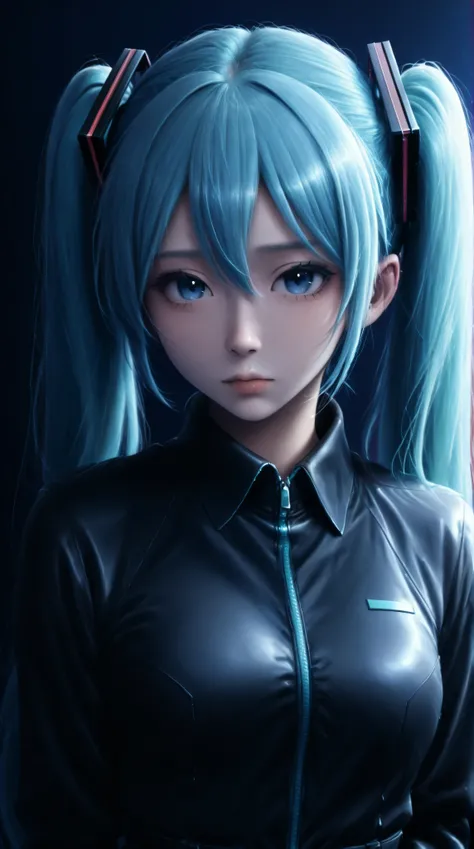 Hatsune Miku from vocaloid, blue hair, blue eyes, hair ornament, wearing a black latex jumpsuit, plain background, clean background, blue background, red background, black background, 