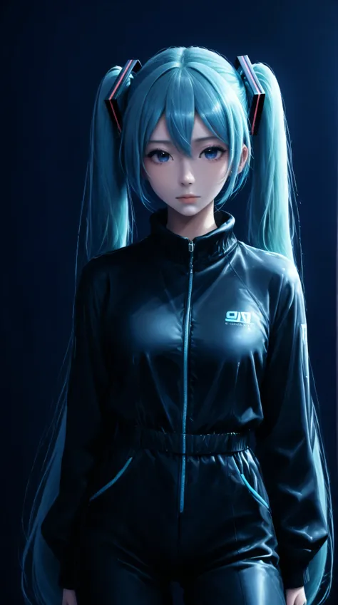 Hatsune Miku from vocaloid, blue hair, blue eyes, hair ornament, wearing a black latex jumpsuit, plain background, clean background, blue background, red background, black background, 