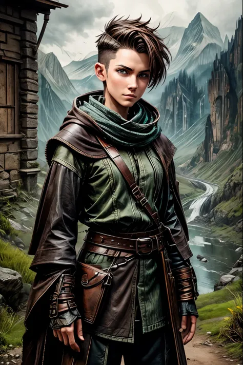 Fantasy Setting: A cunning female streetkid. Looking androgynous. Smart. Funny. Happy. Confident. Extremly pale skin with freckles. A rather slim but athletic body. Tomboyish look. Small breasts. Flat chest. Very thin eyebrows. Dark-brown eyes. A long wide...