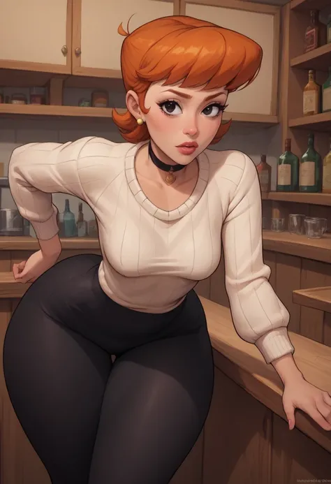 score_9, score_8_up, score_7_up, BREAK, 1girl, solo, black eyes. ginger. small saggy breasts. huge hips. dextersmom, makeup, jewelry, mature female, choker. bend over, necklace. sweater. leggings. bar. 