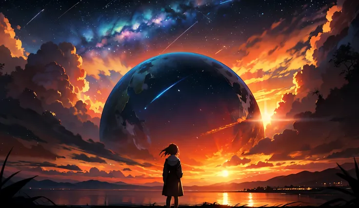 A breathtaking anime-style illustration of a girl standing on the shore at sunset, gazing at an enormous planet in the sky, glowing atmosphere, shooting stars, vibrant colors, dramatic lighting, clouds illuminated by the setting sun, high-detail, cinematic...