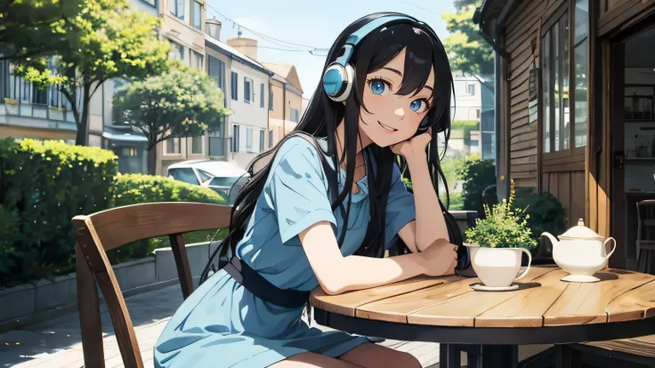  Ghibli style , cute girl , black, semi-long hair,sexy blue eyes,  sexy face,  light blue dress,,Oversized clothes ,80's style, blue headphones, blackish blue eyes 、smile、solo、、Cafe、terrace、sit、 tea time