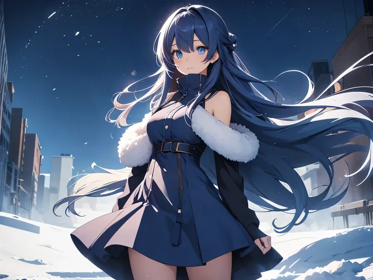 Anime girl character with soft dark blue flowing hair, blue eyes and wearing a winter dress, with a background