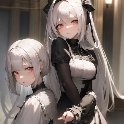 An anime girl with white hair, almond-shaped eyes, and a flushed face. Her expression is dreamy and slightly seductive, with her mouth slightly open as she gazes directly at the camera. She is holding a third person's arm with both of her hands, lifting it...