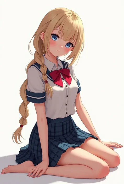  simple white background ,
  school uniform,  short sleeves ,tartan, tartan skirt, red bow tie , striped ribbon , 
Blue eyes, blows, French braid,, Very long hair, blond hair ,
1 20 year old woman, Young Woman, beautiful Finger, beautiful long legs, beauti...