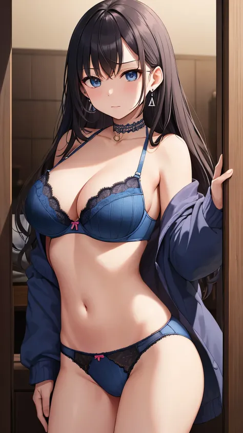  top quality、  top quality、  Masterpiece、  beauty(Age 25)、Dark blue long hair、  blue eyes、(stripe lace bra  、  stripe lace underwear)、 Big Breasts 、( very big breasts )、  angry face、  Navy Blue Choker 、  sexy pose 、  earrings、