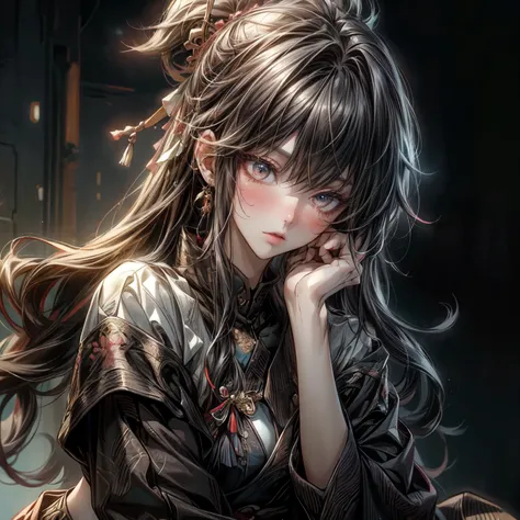 ((best quality)), ((Masterpiece)), ((Enrich the picture，Masterpiece level quality)), an image of a beautiful cyberpunk female, mature woman, fierce woman, modern theme, hips upm, samurai girl, modern, fantasy, ((black hair, long hair)), beautiful white eye...