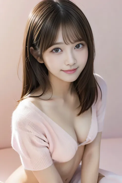 ( Masterpiece、 top quality、16K resolution)、(nsfw:1.2),  in the seat、Alone、22 years old、 so cute、 Japanese woman、 super beauty、(smile)、 detailed face、 detailed eyes 、 long hair、( light brown hair:1.3)、 floating hair 、Light bang、Asymmetrical bangs、 hair is u...