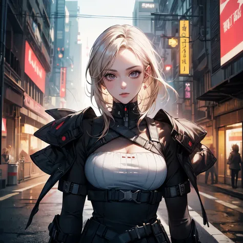 ((best quality)), ((Masterpiece)), ((Enrich the picture，Masterpiece level quality)), an image of a beautiful cyberpunk female, mature woman, (details:1.4), milf, women&#39;, fierce woman, modern theme, hips up, very big breast, samurai girl, modern, fantas...