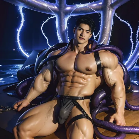 A handsome 17-year-old Chinese young boy with an extremely attractive face, featuring monolid eyes (Asian features), wearing a very small bikini. He has a muscular, well-built body with droplets of milk scattered across his skin. A giant octopus neon glowi...