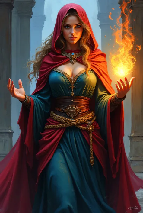 Oil painting, Baldurs gate 2 mage, female, RPG, magic, colorful character