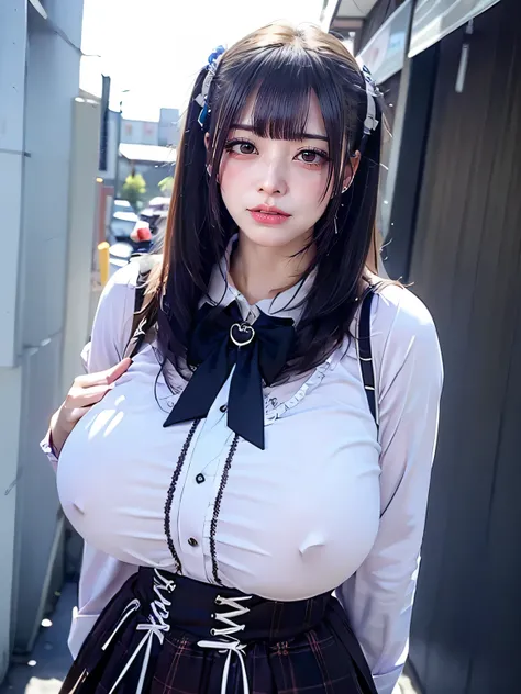 masterpiece,Russian girl, best quality, super detail, 4k, 1 girl, (button down shirt, plaid skirt), short balck hair, straight bangs, hime cut, surprised expression, breasts, in a romenian neighbourhood