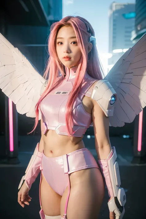 ((masterpiece, best quality, extremely detailed), volumetric lighting, ambient occlusion, colorful, glowing), 
1girl, solo, young girl, (pink hair), long hair, halo, aura, sacred, godness, cyber suit, (white outfit:1.3), android, bot, angel wings,
outdoors...