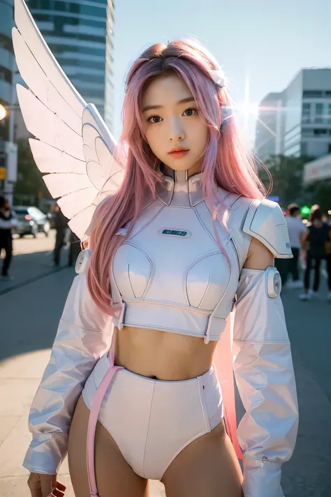 ((masterpiece, best quality, extremely detailed), volumetric lighting, ambient occlusion, colorful, glowing), 
1girl, solo, young girl, (pink hair), long hair, halo, aura, sacred, godness, cyber suit, (white outfit:1.3), android, bot, angel wings,
outdoors...