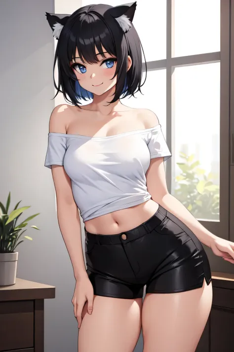 1girl, fair_skin, Blue_eyes, black_hair, short_hair, cute_face, cat_ear, detail_of_face, solo, breasts, solo, small_breasts, home, close_to_face, standing, smile, night, looking_at_viewer, indoor, white_T-shirt, tshirt, black_shorts, thighs, shirt, off_sho...