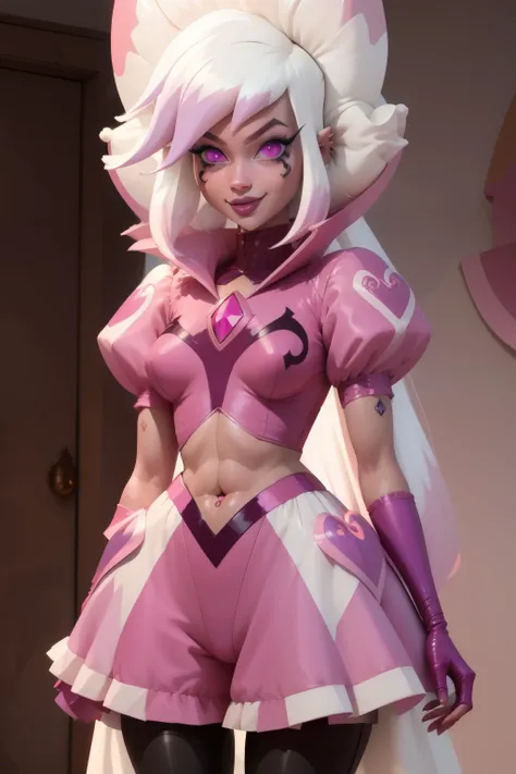 pnkdamond, pink hair, pink eyes,  big hair,  stomach gem,  pink skin,  toned, 
puffy short sleeves, elbow gloves ,  white thighhighs,   puffy dress, 
standing, upper body, 
 outerspace,  
(insanely detailed, beautiful detailed face,beautiful detailed eyes,...