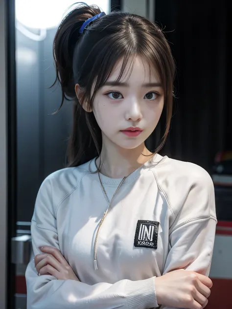 Alone,  high resolution sweatshirt,  long hair, high ponytail,  tied hair , high ponytail, wonyoung from ive, serious eyes,  serious expression, Jang Wonyoung,  arms crossed,  Frown , pretty girl, slight smile, mirada annoyed,  Frown , annoyed, bothers, mi...