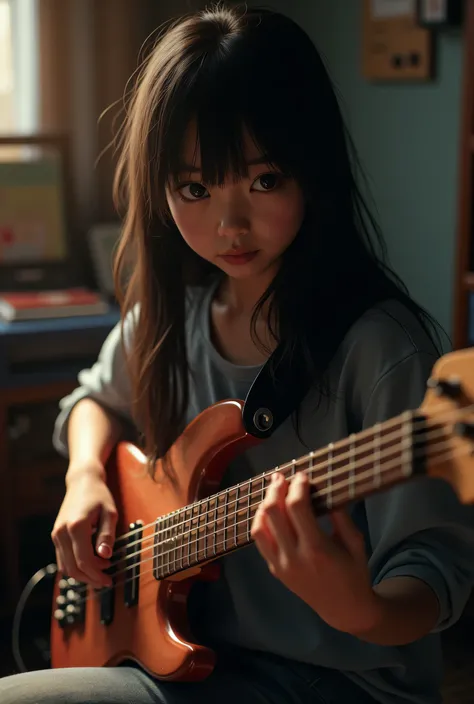 Japanese girl plays bass guitar