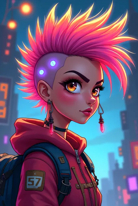 Create a cartoon of a 17-year-old girl with mohawk hair and lights