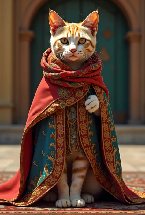 A cat wears a Yemeni dress with a shawl, a Janabiya or a Yemeni dagger