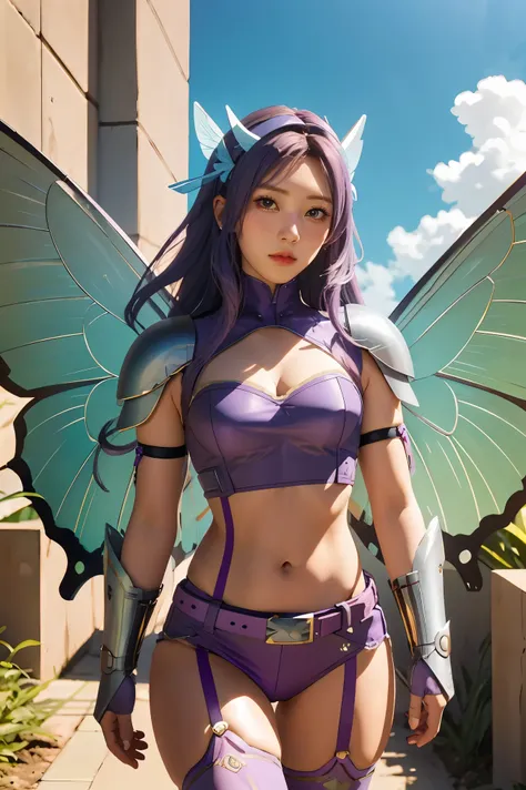purple hair, long hair, hair ornament, belt, butterfly wings gauntlets, cleavage, garter straps, gauntlets, navel, shoulder pads, thigh highs,, sky, cloud,