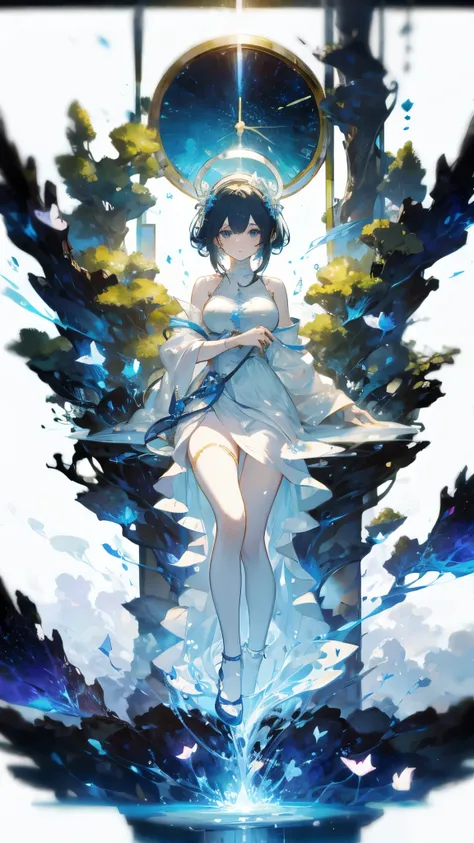 goddess，Halo， pure white background ，huge clock ，Water Ripples，Ginkgo Tree，Leaves， petals falling，transparent，yarn，Stardust，transparent身体，sexy，whole body