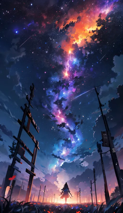 expansive landscape photograph , (a view from below that shows sky above and open field below), a girl standing on flower field looking up, full body (full moon:1.2), ( shooting stars:0.9), (nebula:1.3), distant mountain, tree BREAK
production art, (warm l...