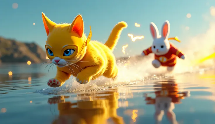 a yellow cat with white stripes dressed in the flash suit running at the speed of sound on the water and being chased by a white rabbit dressed in the reverse flash costume